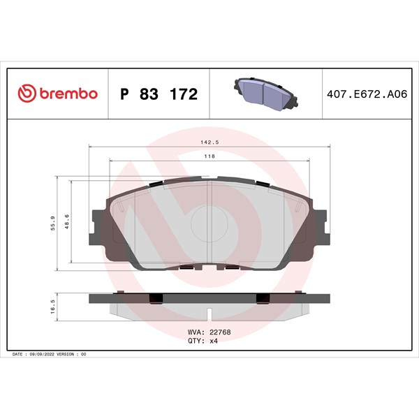 Bromsbeläggsats, Framaxel Brembo P 83 172 BREMBO