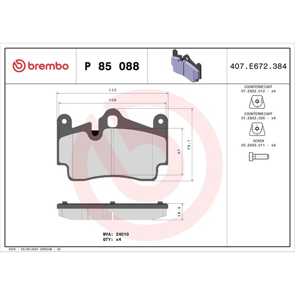 Bromsbeläggsats, Bakaxel Brembo P 85 088 BREMBO