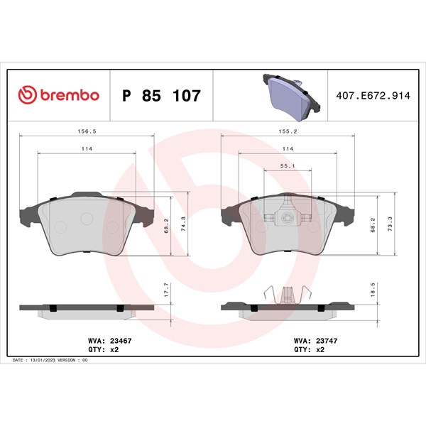 Bromsbeläggsats, Framaxel Brembo P 85 107 BREMBO