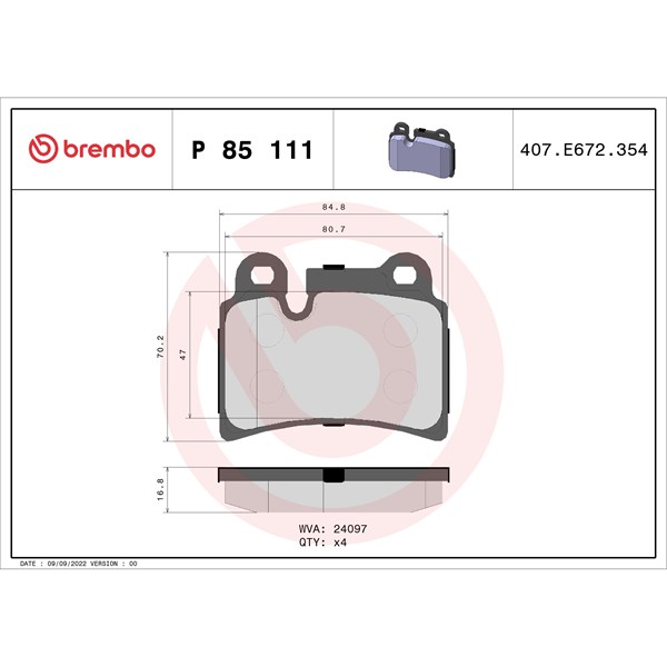 Bromsbeläggsats, Bakaxel Brembo P 85 111 BREMBO