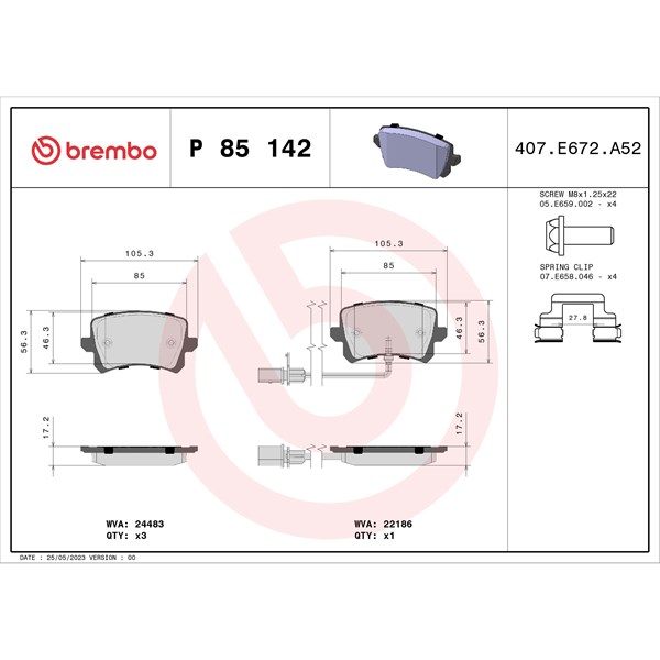 Bromsbeläggsats, Bakaxel Brembo P 85 142 BREMBO