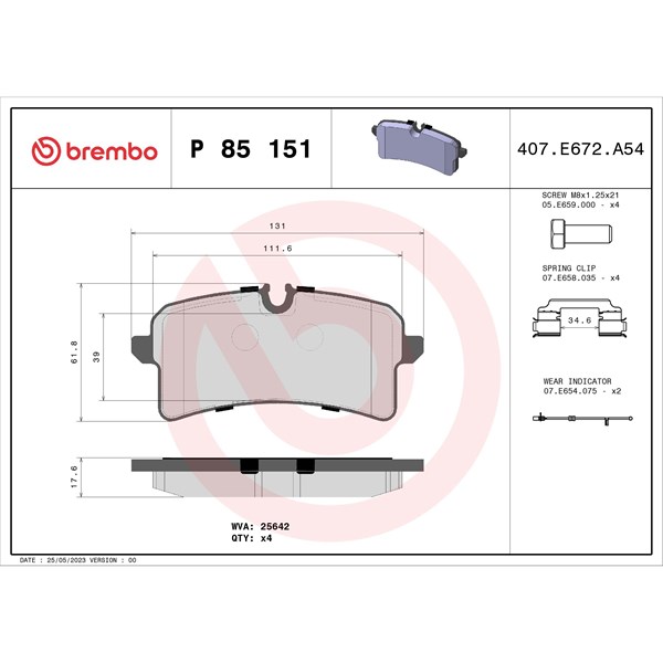 Bromsbeläggsats, Bakaxel Brembo P 85 151 BREMBO