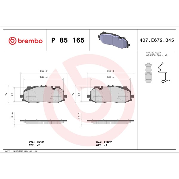 Bromsbeläggsats, Framaxel Brembo P 85 165 BREMBO