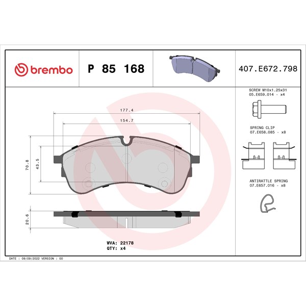 Bromsbeläggsats, Framaxel Brembo P 85 168 BREMBO