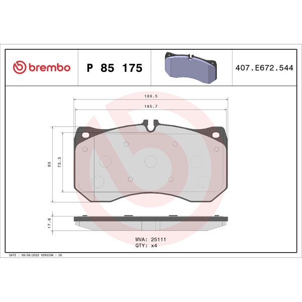 Bromsbeläggsats, Framaxel Brembo P 85 175 BREMBO