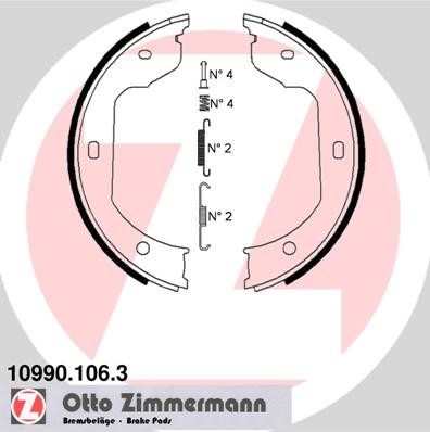 Bromsbackar, sats, parkeringsbroms, Bakaxel Zimmermann 10990.106. ZIMMERMANN