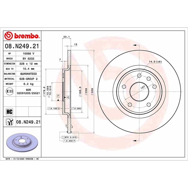 Bromsskiva Solid, Bakaxel Brembo Coated disc line 08.N249.21 BREMBO