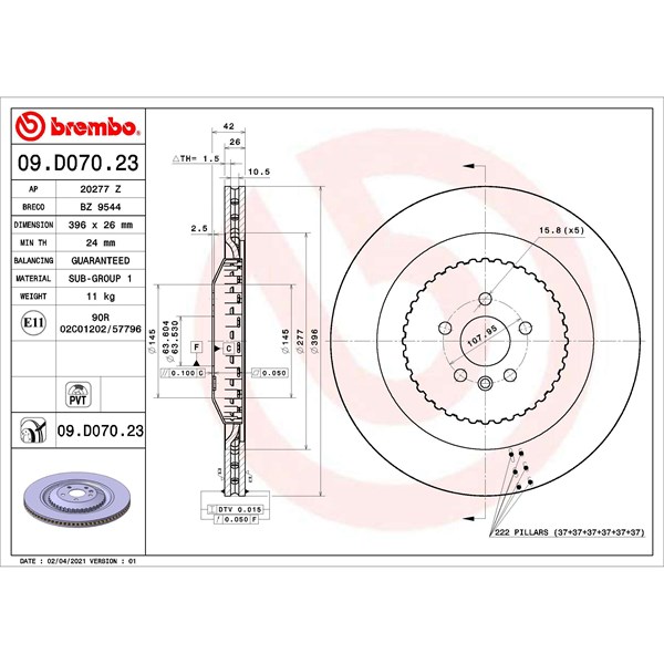 Bromsskiva Ventilerad, Bakaxel Brembo 09.D070.23 BREMBO