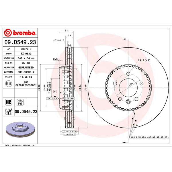 Bromsskiva Ventilerad, Framaxel Brembo 09.D549.23 BREMBO Bromsskiva Ventilerad, Framaxel Brembo 09.D549.23 BREMBO