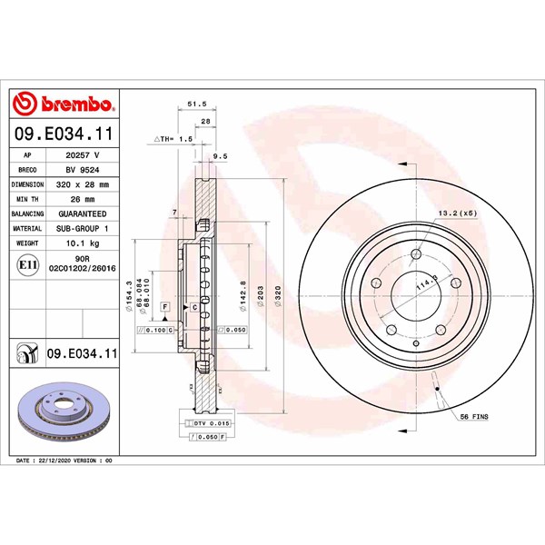 Bromsskiva Ventilerad, Framaxel Brembo 09.E034.11 BREMBO