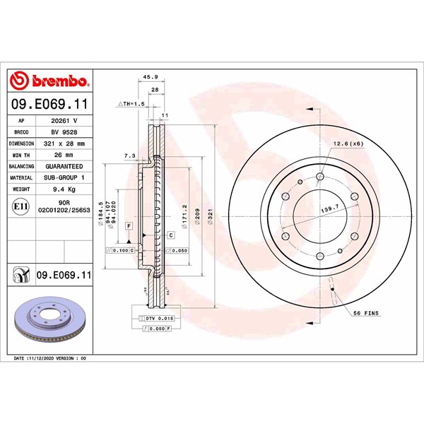Bromsskiva Ventilerad, Framaxel Brembo 09.E069.11 BREMBO
