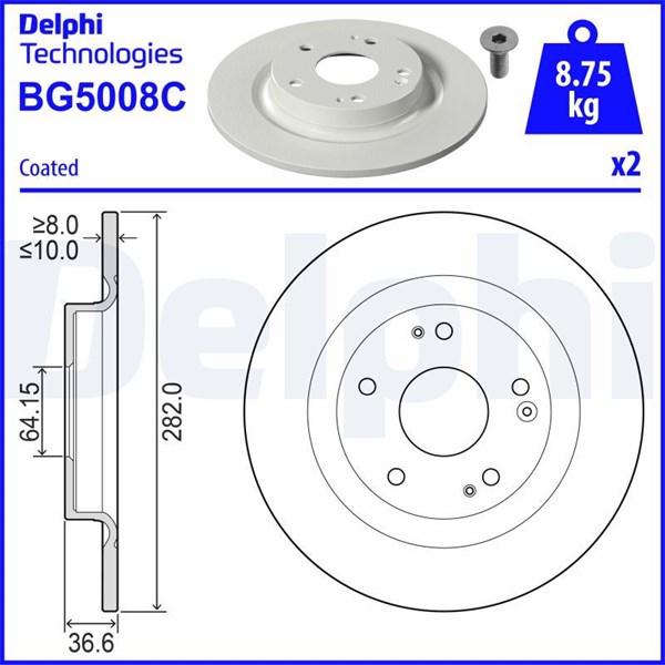 Bromsskiva Solid, Bakaxel Delphi BG5008C DELPHI
