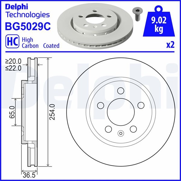 Bromsskiva Ventilerad, Bakaxel Delphi BG5029C DELPHI