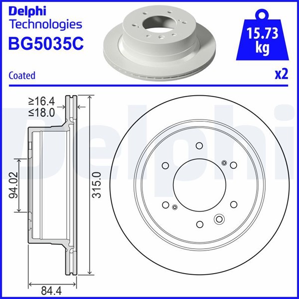Bromsskiva Ventilerad, Bakaxel Delphi BG5035C DELPHI