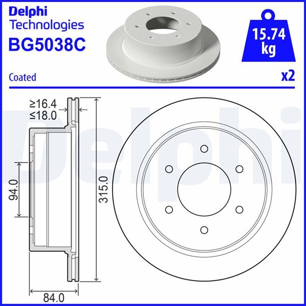 Bromsskiva Ventilerad, Bakaxel Delphi BG5038C DELPHI