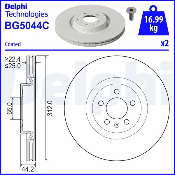 Bromsskiva Ventilerad, Framaxel Delphi BG5044C DELPHI