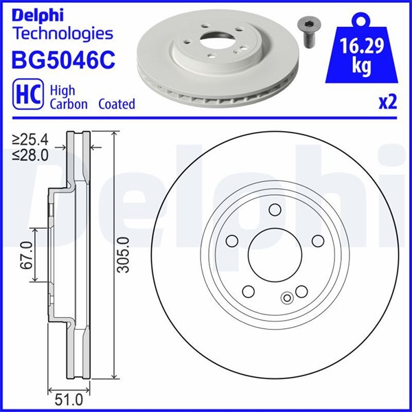 Bromsskiva Ventilerad, Framaxel Delphi BG5046C DELPHI