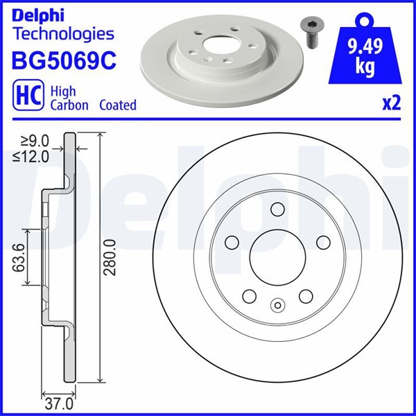 Bromsskiva Solid, Bakaxel Delphi BG5069C DELPHI Bromsskiva Solid, Bakaxel Delphi BG5069C DELPHI