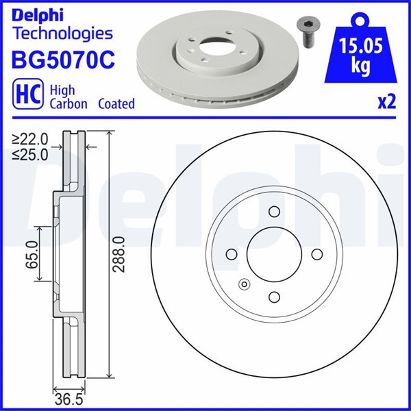 Bromsskiva Ventilerad, Framaxel Delphi BG5070C DELPHI