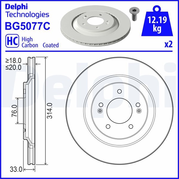 Bromsskiva Solid, Bakaxel Delphi BG5077C DELPHI