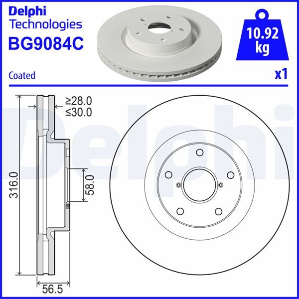 Bromsskiva Ventilerad, Framaxel Delphi BG9084C DELPHI