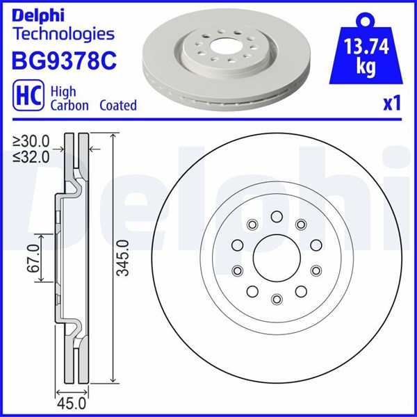 Bromsskiva Ventilerad, Framaxel Delphi BG9378C DELPHI