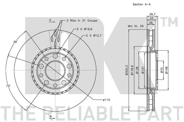 Bromsskiva Ventilerad, Framaxel Nk 311022 NK Bromsskiva Ventilerad, Framaxel Nk 311022 NK
