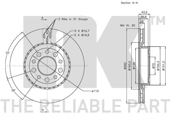 Bromsskiva Ventilerad, Bakaxel Nk 311025 NK
