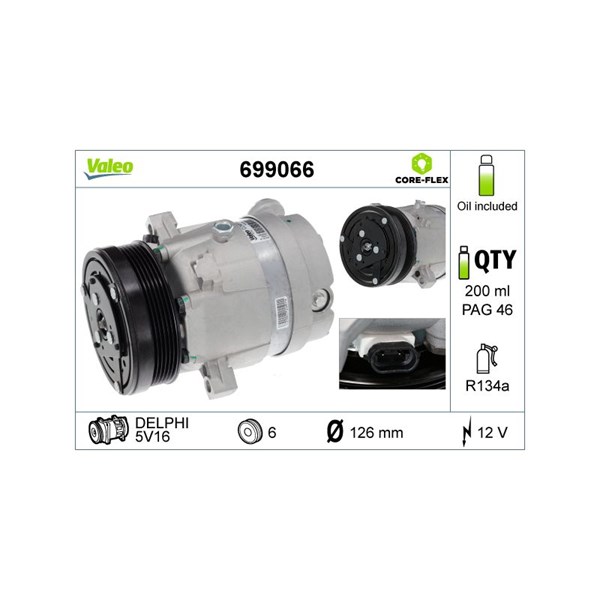 Kompressor, klimatanläggning 12V Valeo Valeo core-flex 699066 VALEO