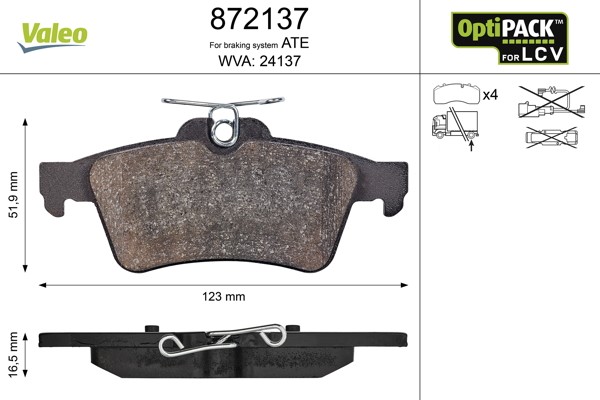 Bromsbeläggsats, Bakaxel Valeo Optipack for lcv 872137 VALEO