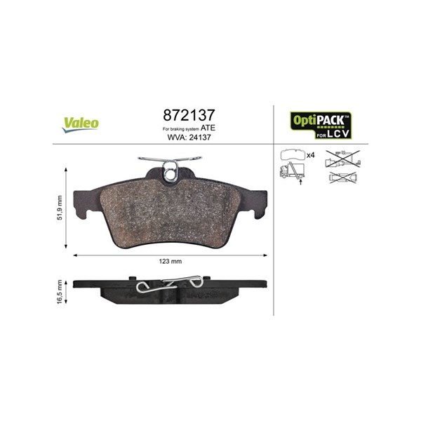 Bromsbeläggsats, Bakaxel Valeo Optipack for lcv 872137 VALEO
