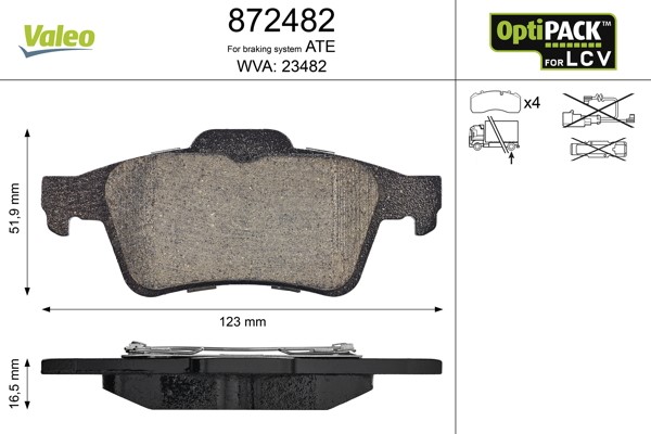 Bromsbeläggsats, Bakaxel, Framaxel Valeo Optipack for lcv 872482 VALEO