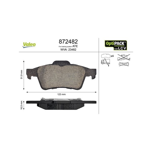 Bromsbeläggsats, Bakaxel, Framaxel Valeo Optipack for lcv 872482 VALEO