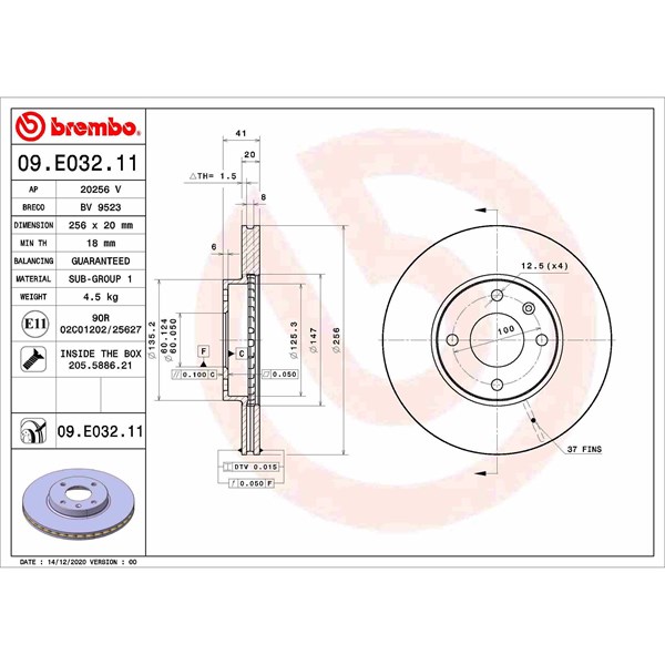 Bromsskiva Ventilerad, Framaxel Brembo 09.E032.11 BREMBO