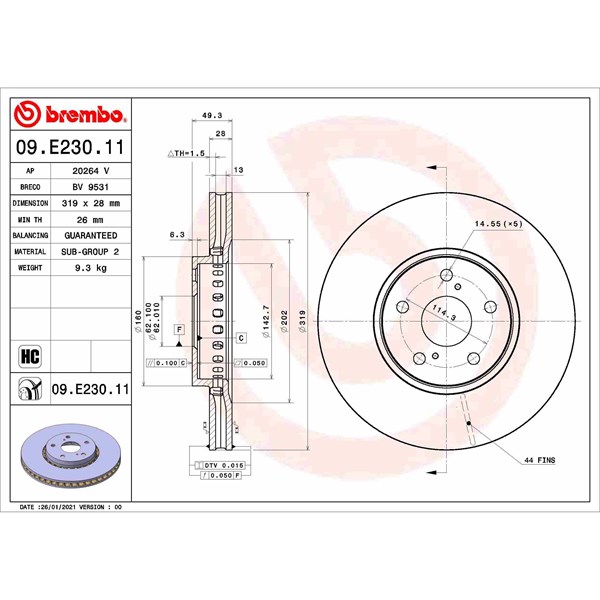 Bromsskiva Ventilerad, Framaxel Brembo 09.E230.11 BREMBO
