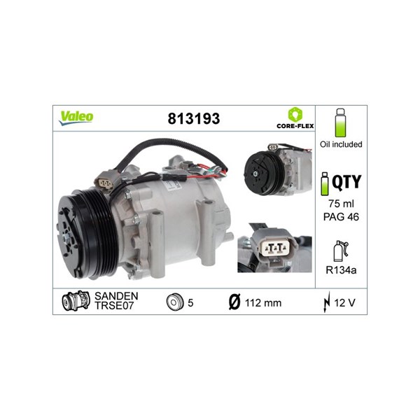 Kompressor, klimatanläggning 12V Valeo Valeo core-flex 813193 VALEO