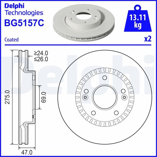 Bromsskiva Ventilerad, Framaxel Delphi BG5157C DELPHI