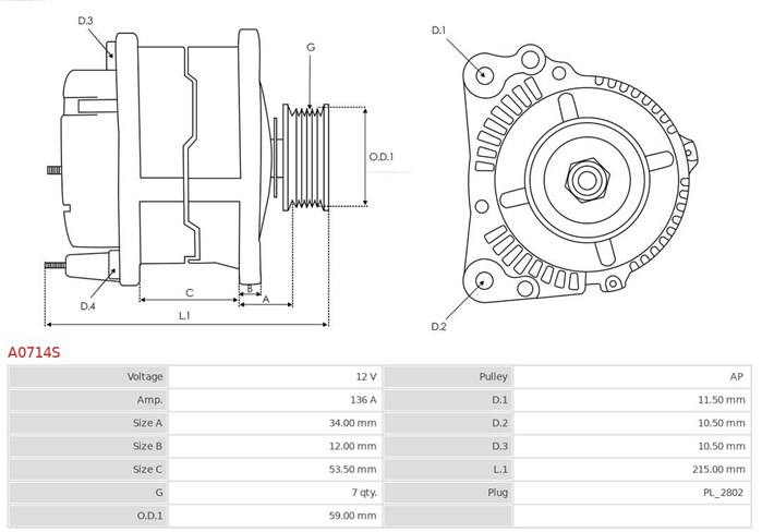 Generator 12V 136A As-pl A0714S AS-PL Generator 12V 136A As-pl A0714S AS-PL