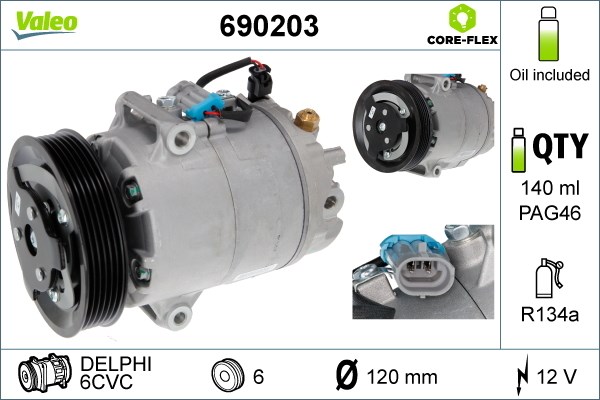 Kompressor, klimatanläggning 12V Valeo Valeo core-flex 690203 VALEO