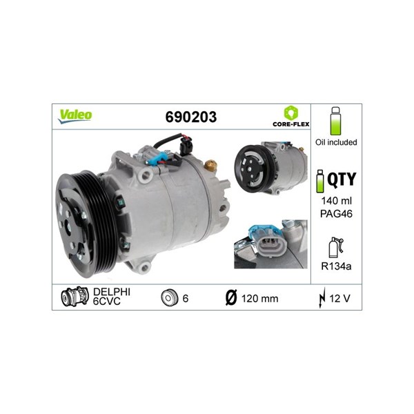 Kompressor, klimatanläggning 12V Valeo Valeo core-flex 690203 VALEO