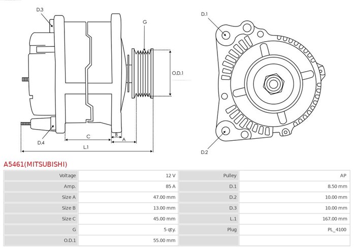Generator 12V 85A As-pl A5461(MITSUBISHI) AS-PL