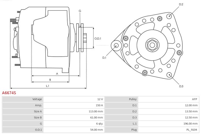 Generator 12V 150A As-pl A6674S AS-PL