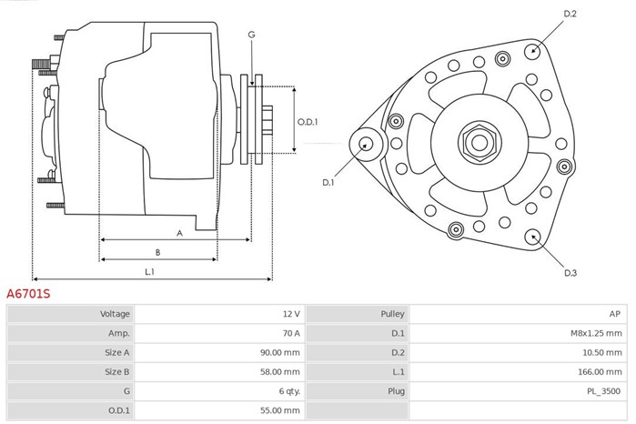 Generator 12V 70A As-pl A6701S AS-PL Generator 12V 70A As-pl A6701S AS-PL