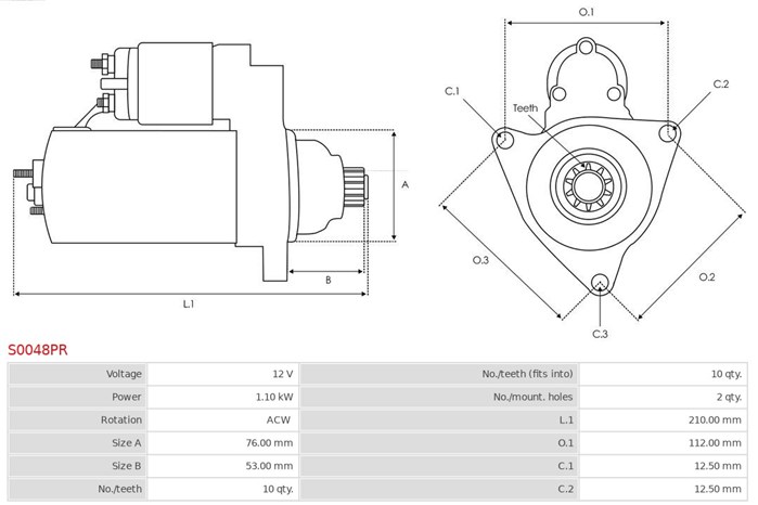 Startmotor 12V As-pl S0048PR AS-PL