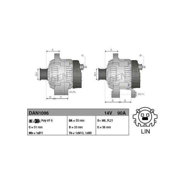 Generator 14V 90A Denso DAN1096 DENSO Generator 14V 90A Denso DAN1096 DENSO