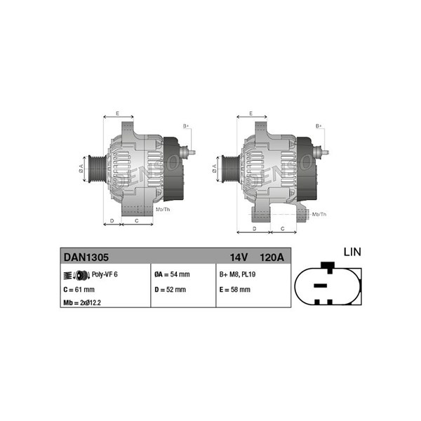 Generator 14V 120A Denso DAN1305 DENSO Generator 14V 120A Denso DAN1305 DENSO