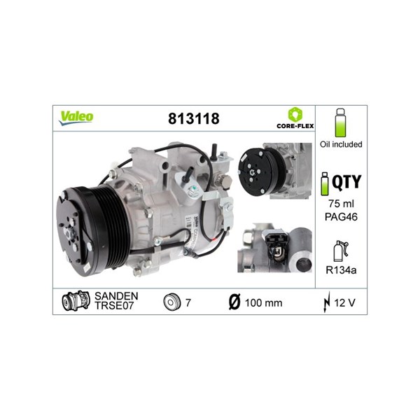 Kompressor, klimatanläggning 12V Valeo Valeo core-flex 813118 VALEO