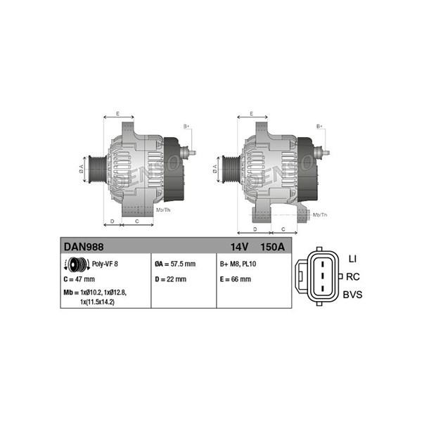 Generator 14V 150A Denso DAN988 DENSO Generator 14V 150A Denso DAN988 DENSO