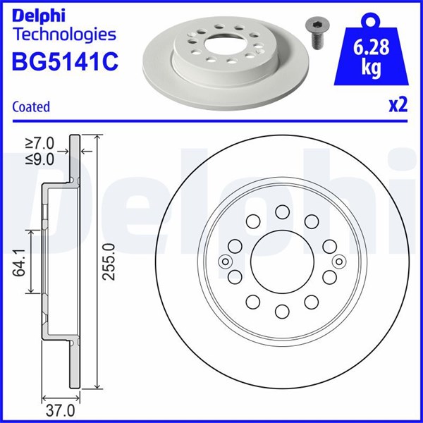 Bromsskiva Solid, Bakaxel Delphi BG5141C DELPHI