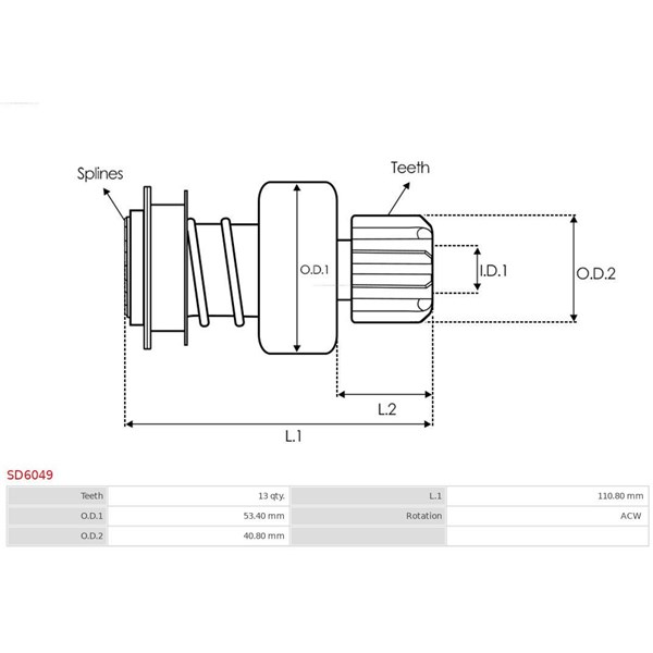 Frihjulsväxel, startmotor As-pl SD6049 AS-PL